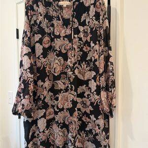 LOFT Black and Pink Patterned Long Sleeve Dress